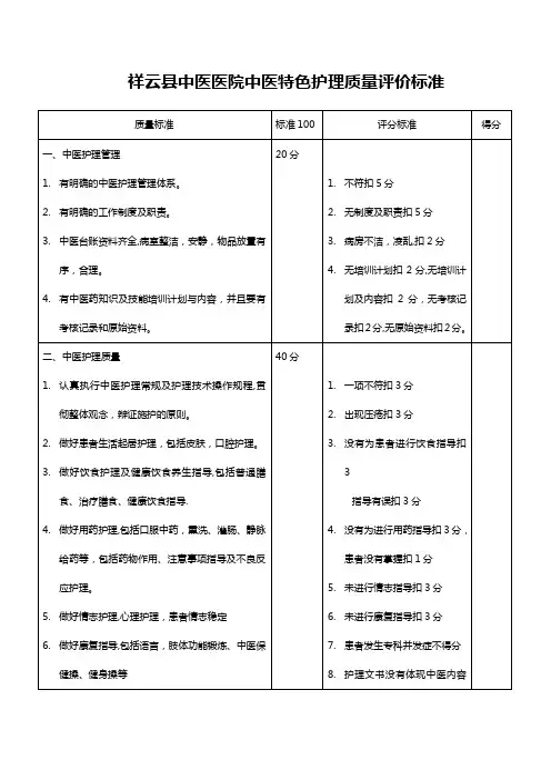 中医护理质量评价标准