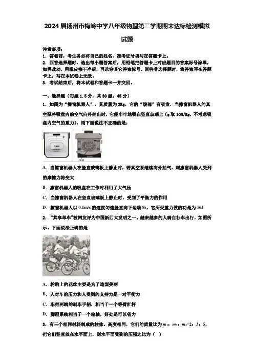 2024届扬州市梅岭中学八年级物理第二学期期末达标检测模拟试题含解析