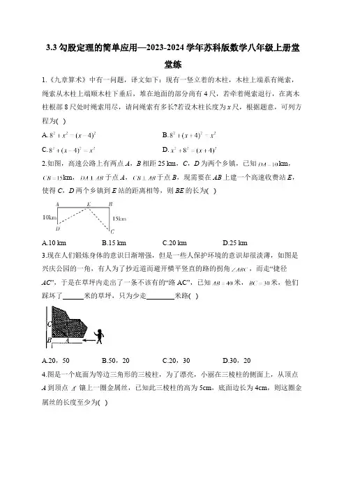 3.3 勾股定理的简单应用 苏科版数学八年级上册堂堂练(含答案)