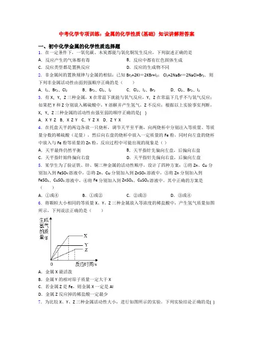 中考化学专项训练：金属的化学性质(基础) 知识讲解附答案
