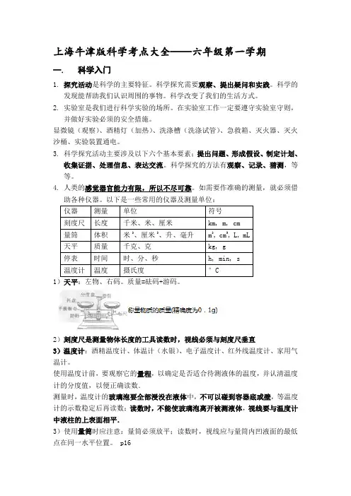 上海初中科学会考知识点汇总——六年级第一学期牛津版