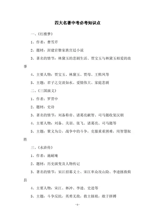 四大名著中考必考知识点