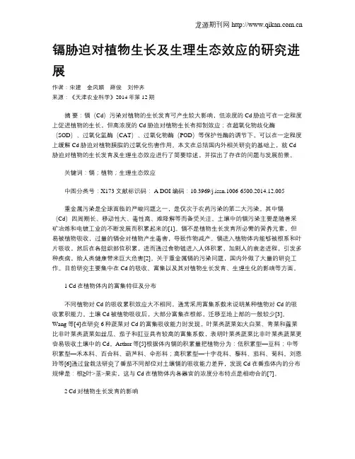 镉胁迫对植物生长及生理生态效应的研究进展