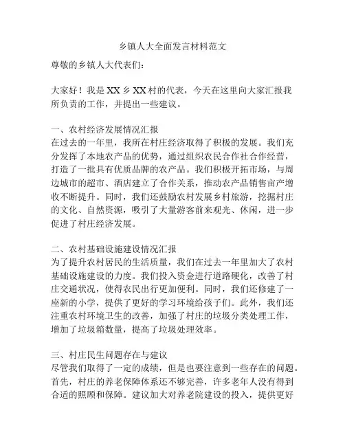 乡镇人大全面发言材料范文
