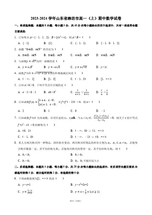 2023-2024学年山东省潍坊市高一(上)期中数学试卷【答案版】