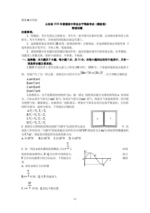 山东2020年普通高等学校招生全国统一考试(模拟卷)物理 word