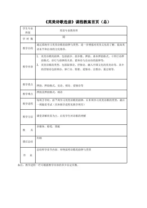 《英美诗歌选读》课程教案首页