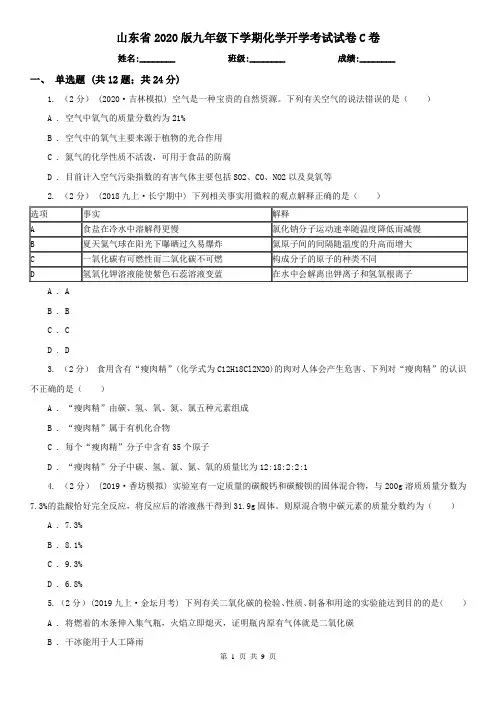 山东省2020版九年级下学期化学开学考试试卷C卷