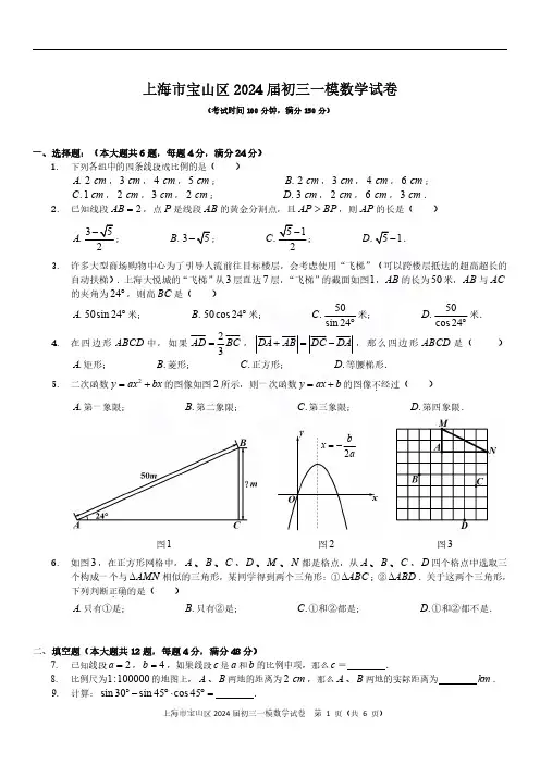 2024届上海市宝山区初三一模数学试题及答案
