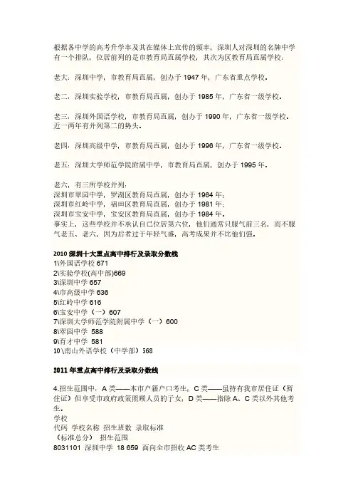 2010深圳十大重点高中排行及录取分数线