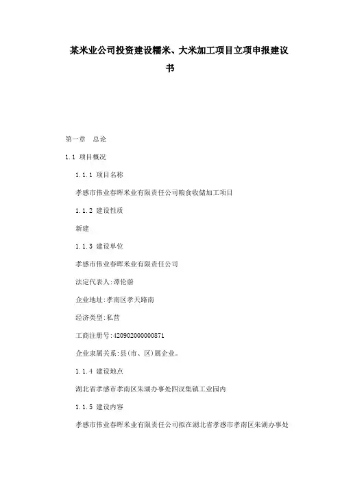 某米业公司投资建设糯米、大米加工项目立项申报建议书