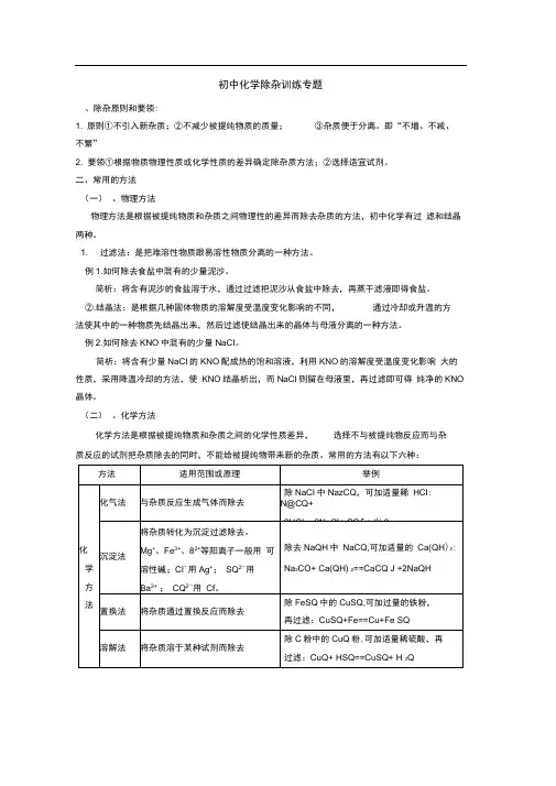 初中化学除杂训练专题