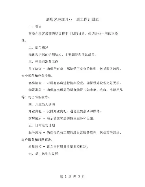 酒店客房部开业一周工作计划表
