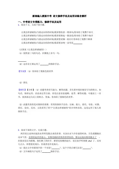 新部编人教版中考 语文修辞手法及运用训练含解析