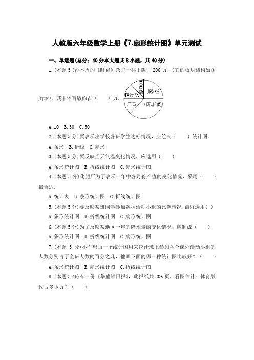 六年级数学上册《7、扇形统计图》单元测试 人教版 (含答案)