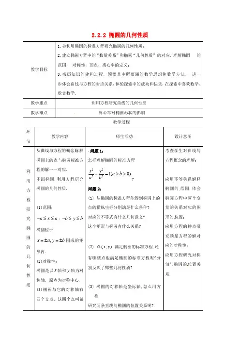 高中数学 第二章 圆锥曲线与方程 2.2.2 椭圆的几何性质教案 新人教A版选修2-1