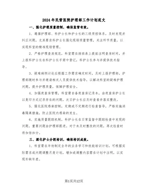 2024年民营医院护理部工作计划范文（五篇）