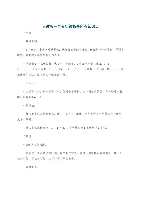 人教版一至五年级数学所有知识点