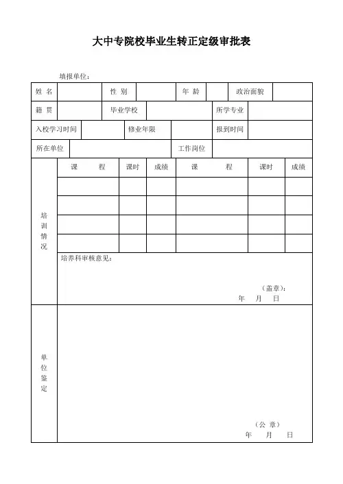 大中专院校毕业生转正定级审批表