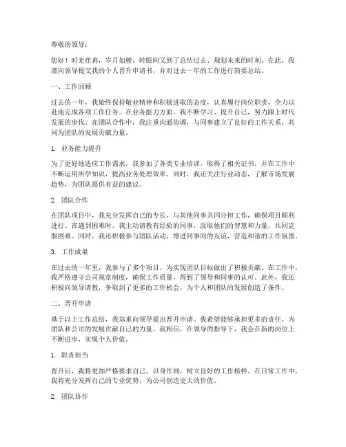 个人晋升申请书_工作总结