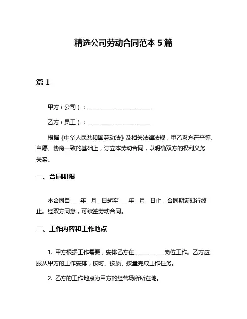 精选公司劳动合同范本5篇