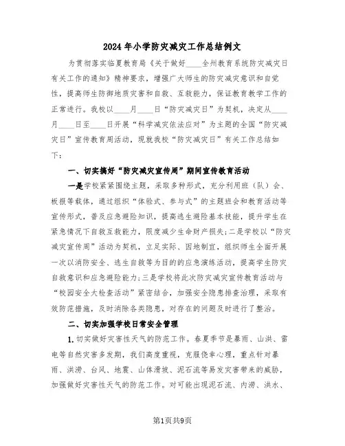 2024年小学防灾减灾工作总结例文(4篇)
