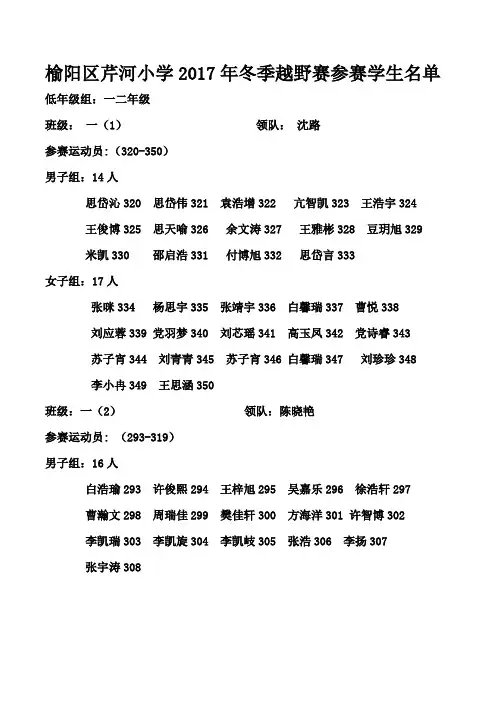 榆阳区芹河小学2017年冬季越野赛参赛学生名单