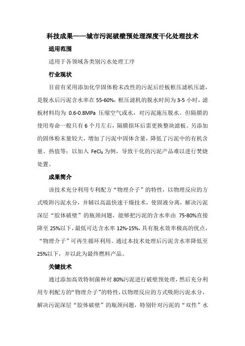 科技成果——城市污泥破壁预处理深度干化处理技术