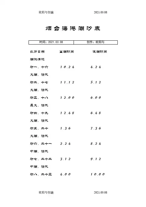 烟 台 海 域 潮 汐 表之欧阳与创编