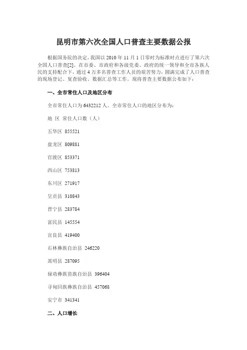 昆明市第六次全国人口普查主要数据