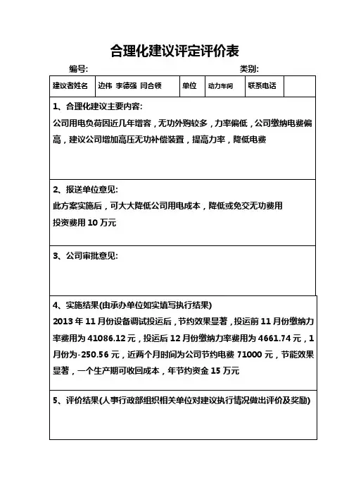 合理化建议评定评价表
