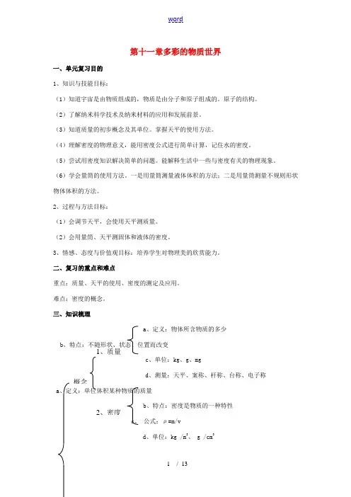 九年级物理：第十一章多彩的物质世界复习教案(人教新课标版)