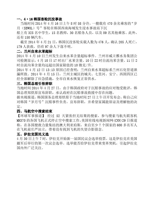 2014年4月份国内外大事件