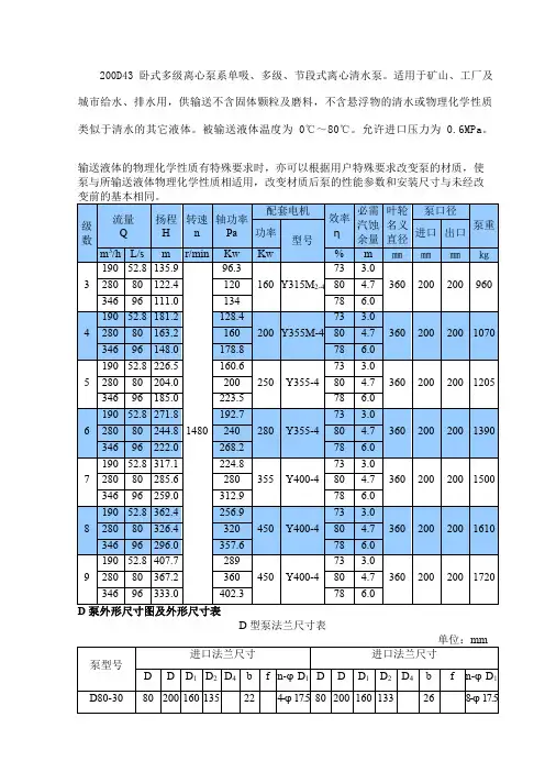 D卧式多级离心泵性能参数表