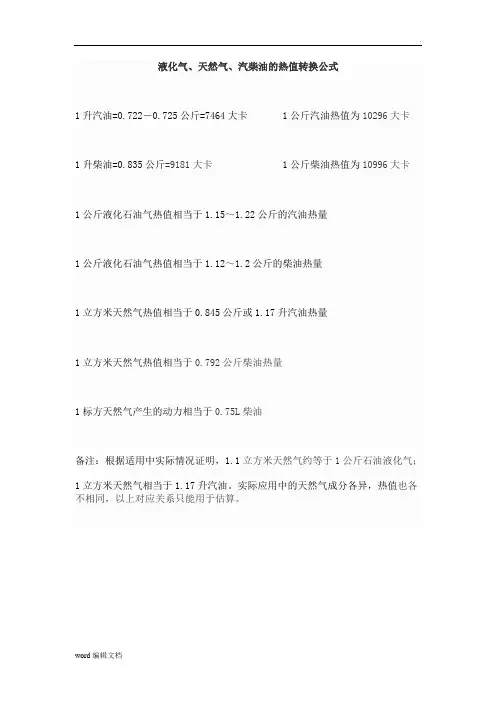 天然气热值对比表