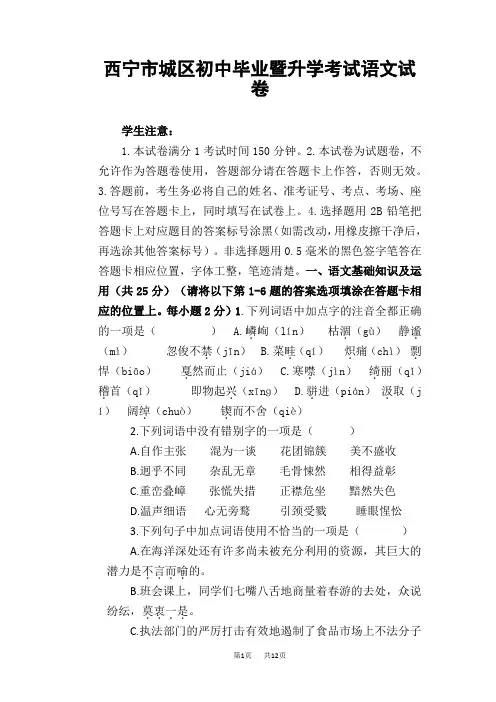 青海省西宁市2019年中考语文试题(Word版,含答案)
