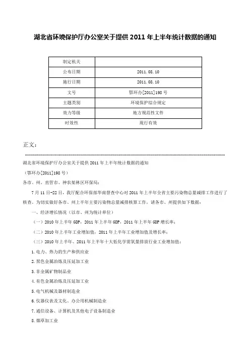 湖北省环境保护厅办公室关于提供2011年上半年统计数据的通知-鄂环办[2011]198号