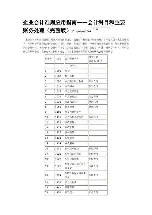 企业会计准则应用指南——会计科目和主要账务处理(完整版)