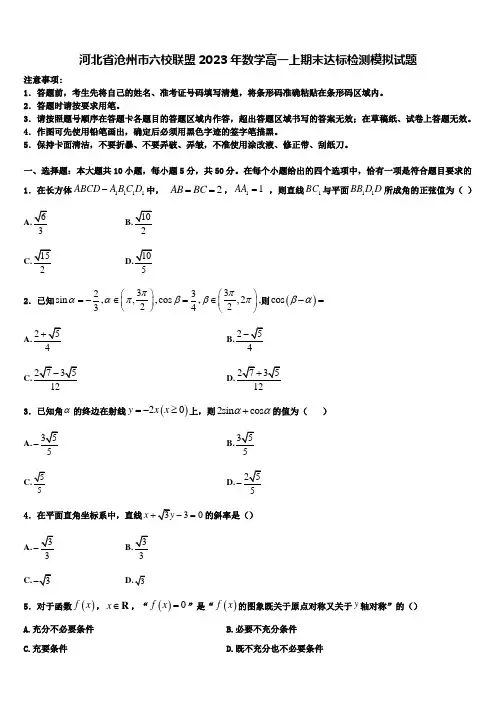 河北省沧州市六校联盟2023年数学高一上期末达标检测模拟试题含解析