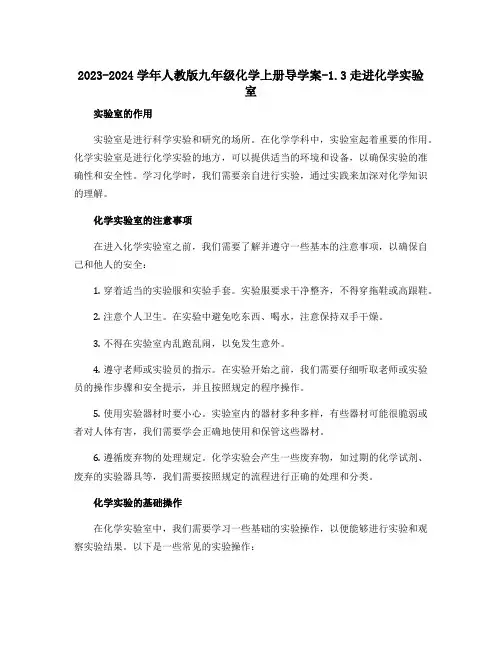2023-2024学年人教版九年级化学上册导学案-1.3走进化学实验室-