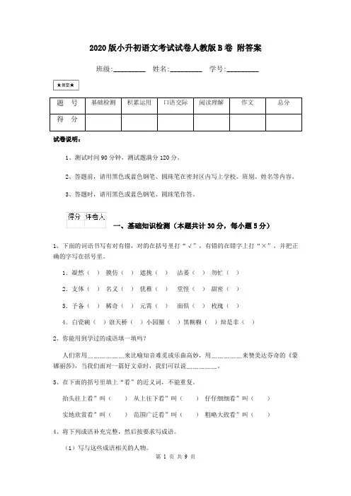 2020版小升初语文考试试卷人教版B卷 附答案