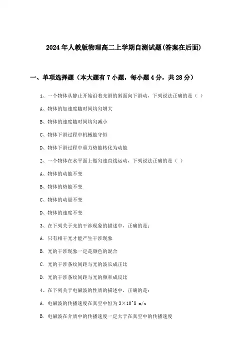 人教版物理高二上学期试题及解答参考(2024年)