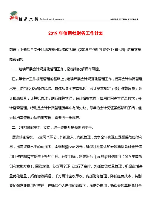 推荐：2019年信用社财务工作计划