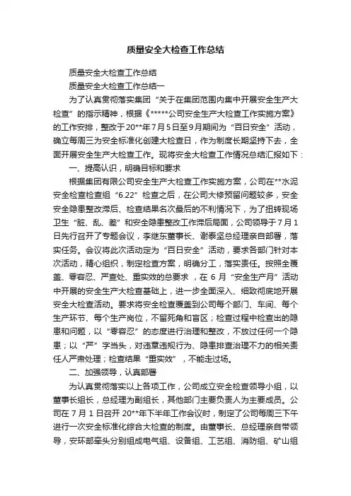 质量安全大检查工作总结