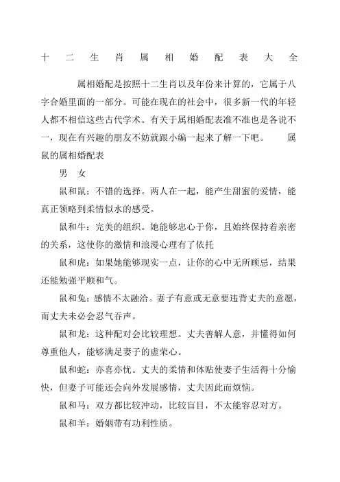 生肖属相婚配表大全