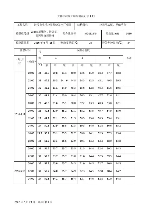 大体积混凝土测温记录