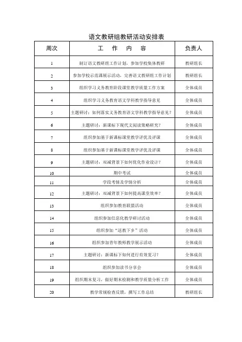 语文教研组教研活动安排表(最新版)