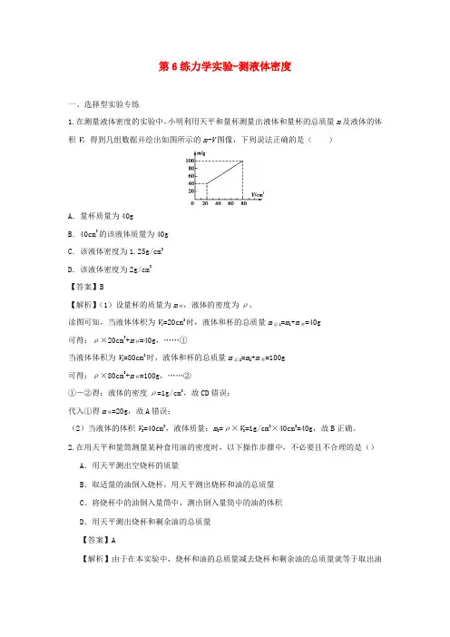 2020年中考物理实验集中专项训练第6练力学实验_测液体密度含解析