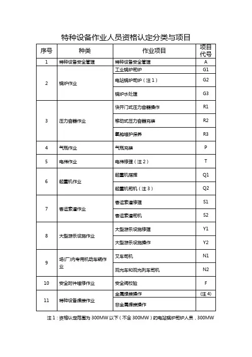 特种设备作业人员资格认定分类与项目