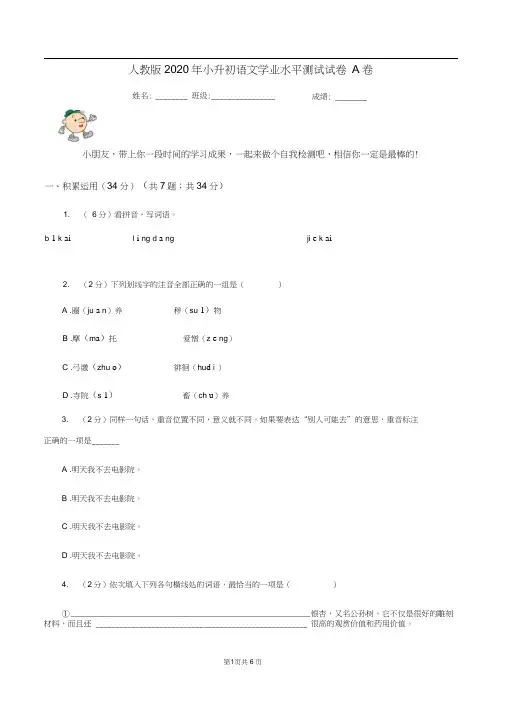 人教版2020年小升初语文学业水平测试试卷A卷